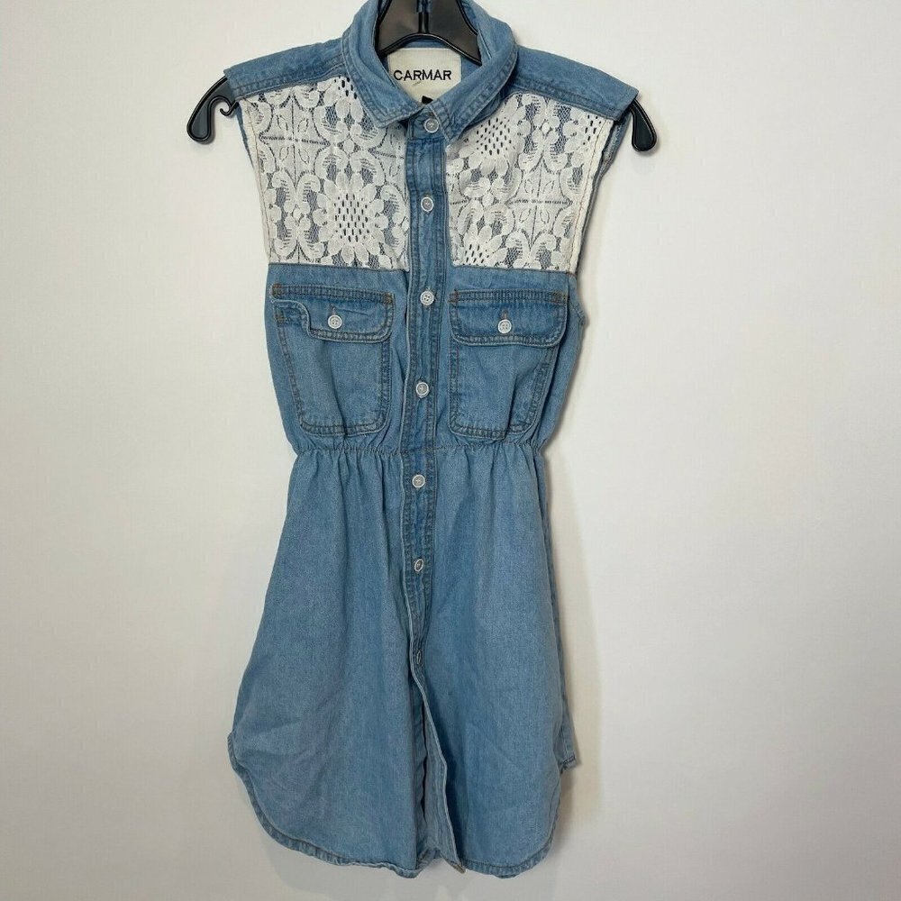 Carmar Womens Sleeveless Denim Lace‎ Mini Dress Blue Size XS Button Down Cotton
